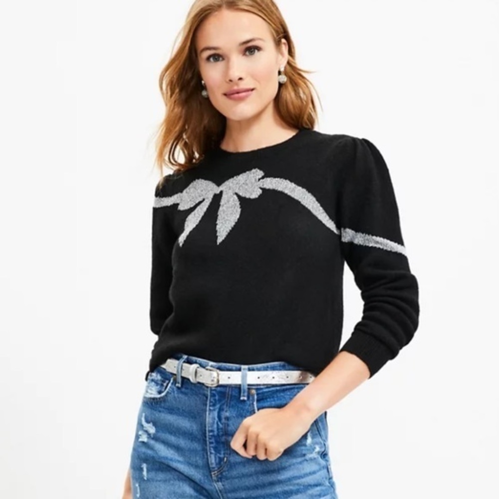 LOFT Black Sweater with Silver Bow Accent